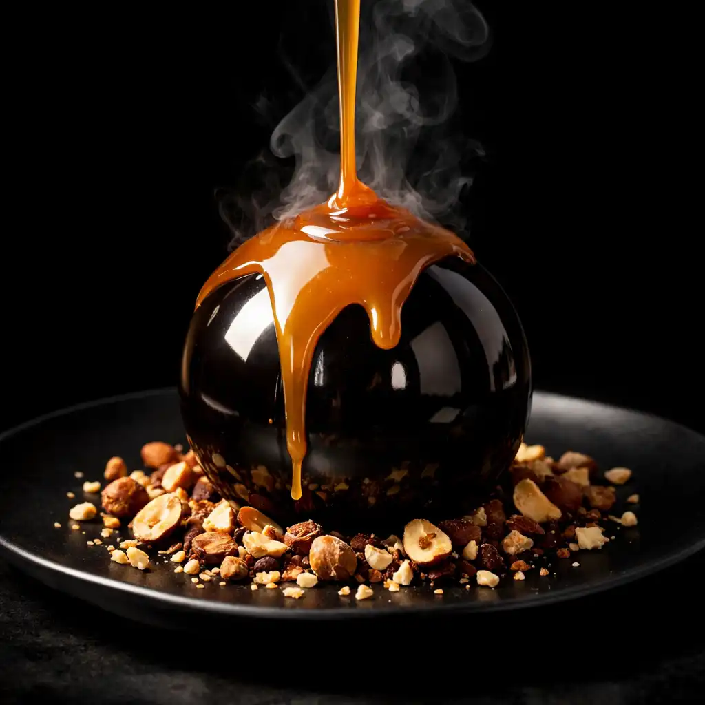 Sphère de chocolat noir avec cœur caramel fumé et éclats de noisette