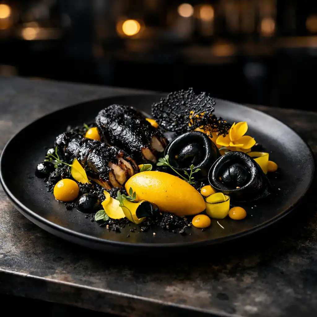Plat gastronomique sombre et élégant présenté sur une table en métal