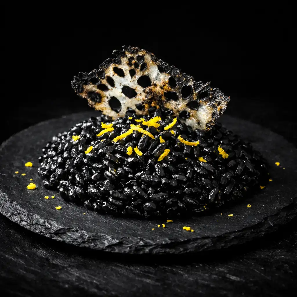 Risotto à l'encre de seiche avec zestes de yuzu et tuile de seiche grillée