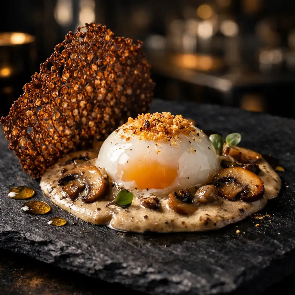 Œuf parfait à la crème de champignons et tuile de sarrasin