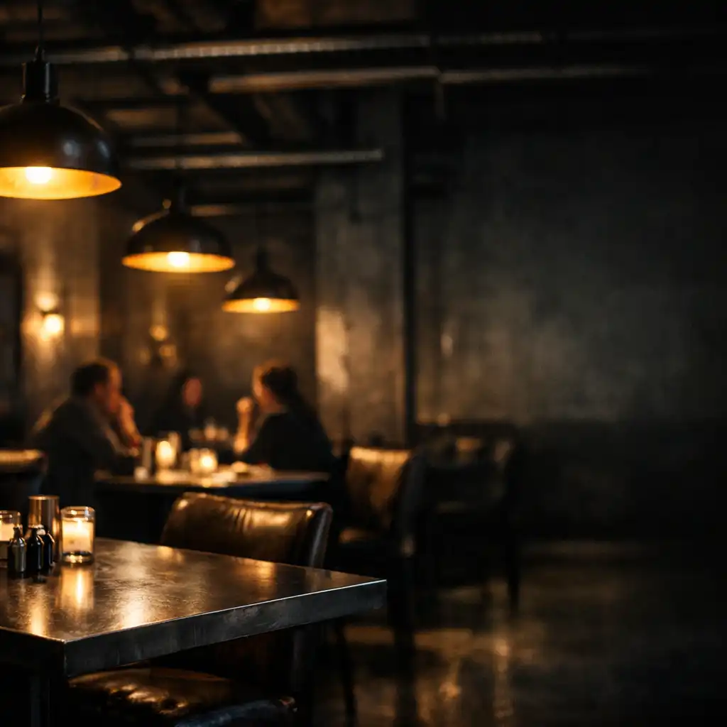 Vue d'ambiance du restaurant Maison Romarin la nuit, avec des murs en béton brut, des poutres métalliques et un éclairage jaune tamisé.