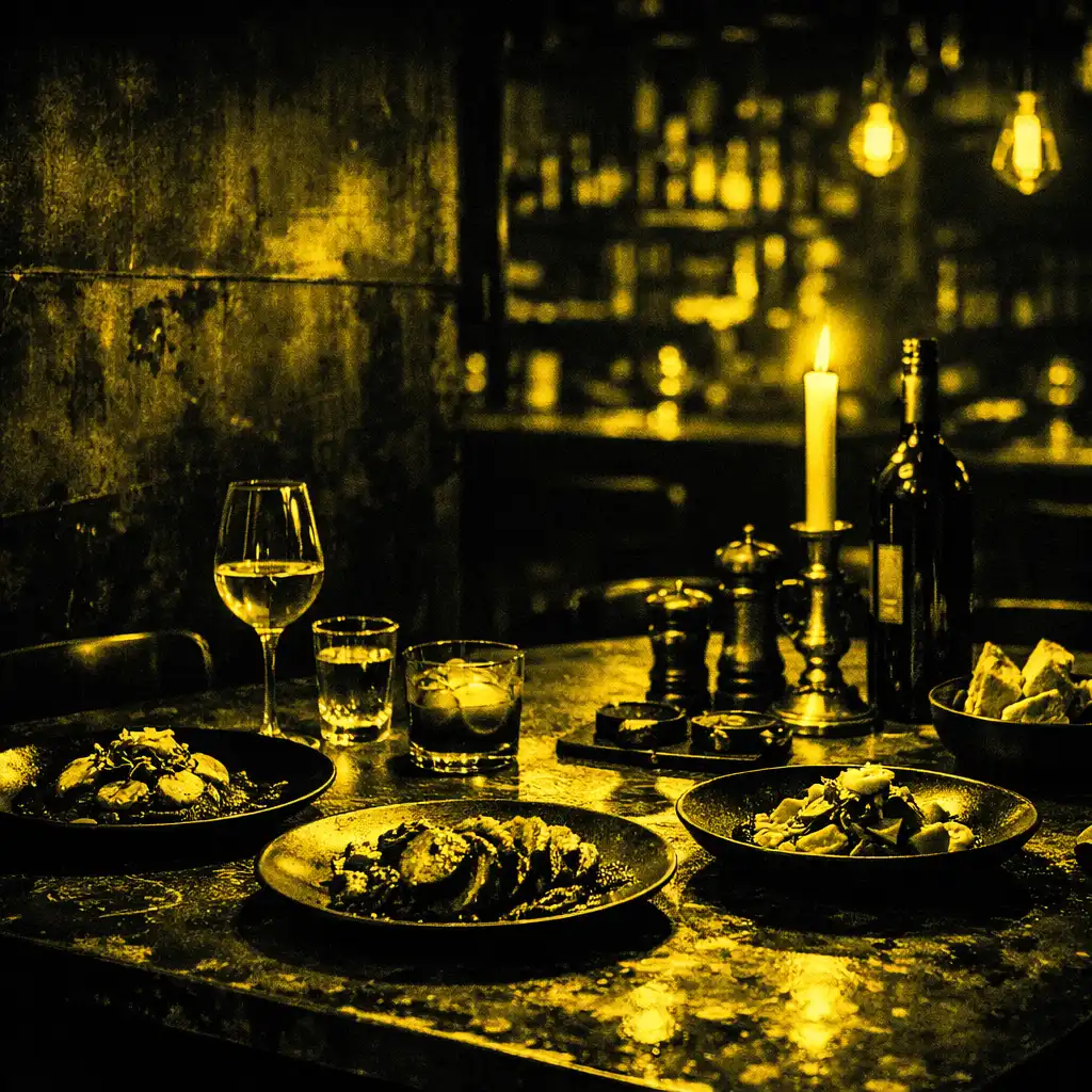 Table de restaurant industriel avec plats raffinés, éclairage tamisé et tons noirs et jaunes