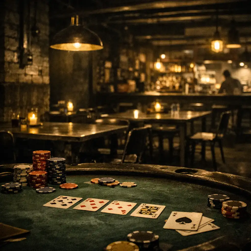 Restaurant industriel sombre avec tables en métal et table de poker au premier plan