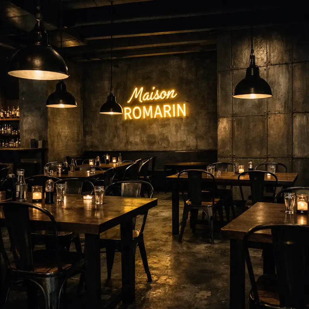 Salle principale de Maison Romarin avec tables en bois sombre, chaises en métal et murs en béton brut