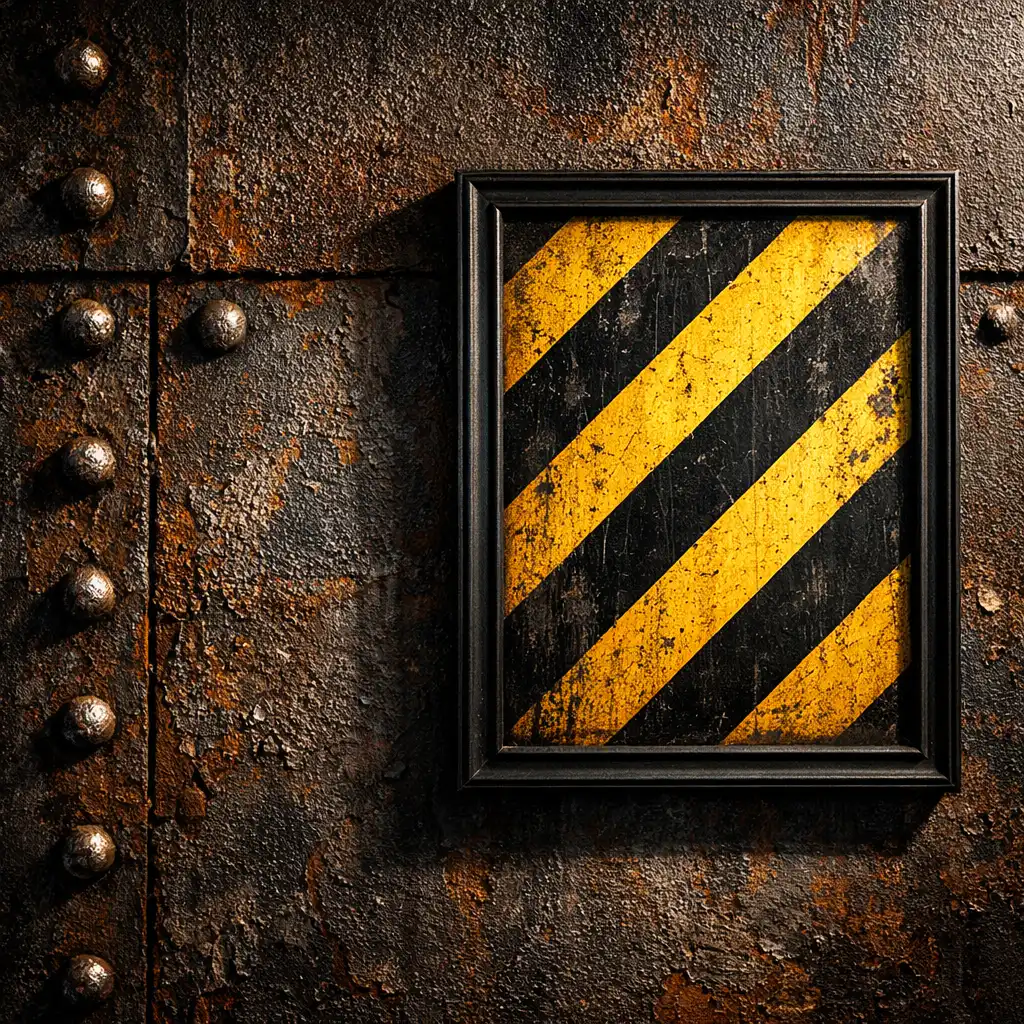 Détail d'un mur en métal oxydé avec rivets et affiche encadrée à motif hazard stripe jaune et noir