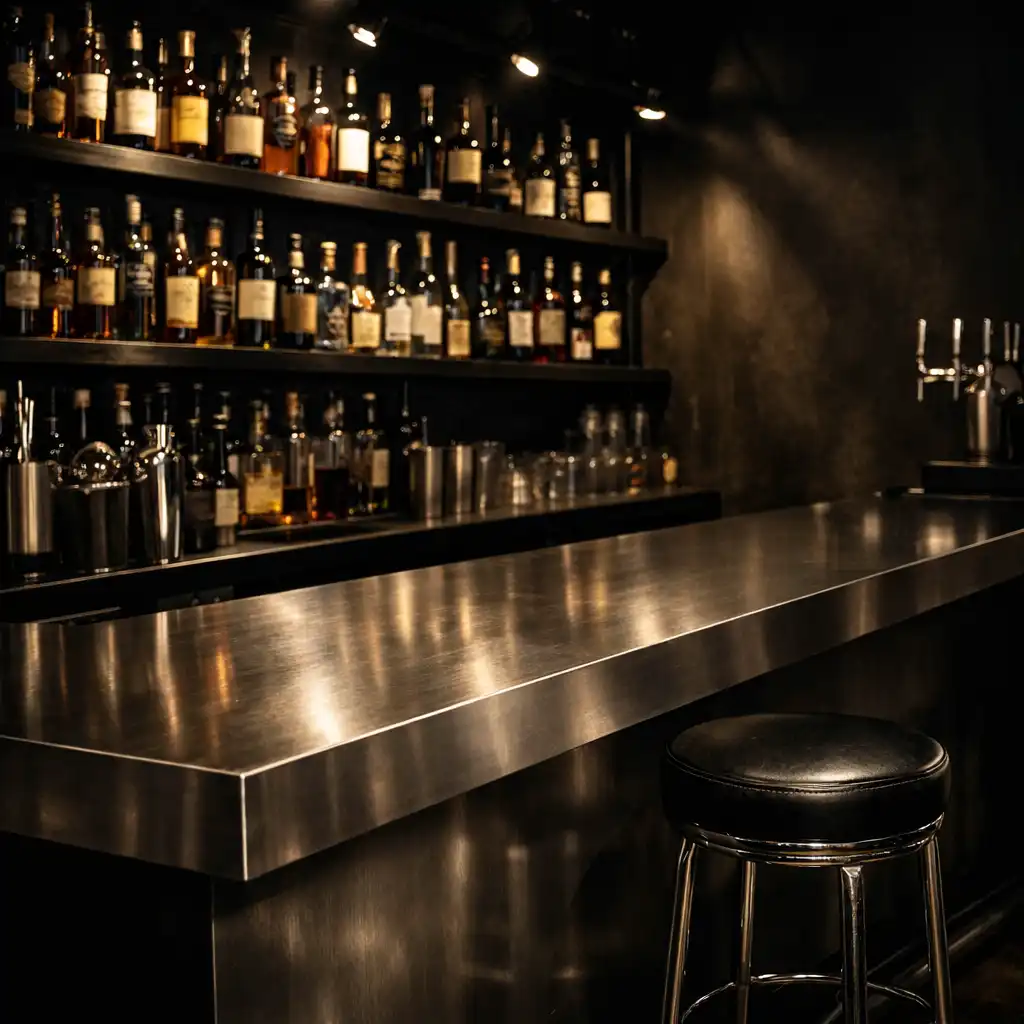 Coin du bar avec bouteilles alignées sur étagères en métal et comptoir en acier brossé