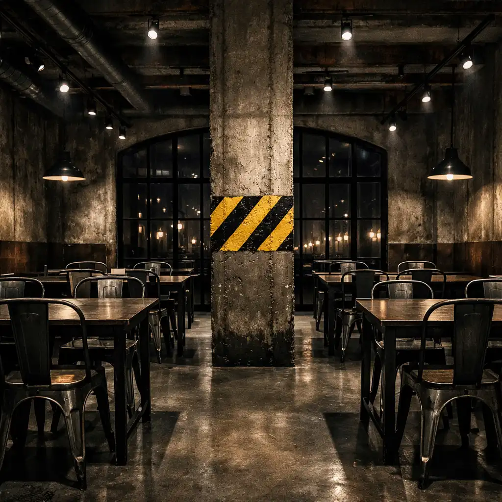 Intérieur du restaurant Maison Romarin avec murs en béton, structures métalliques oxydées et éclairage directionnel sombre.