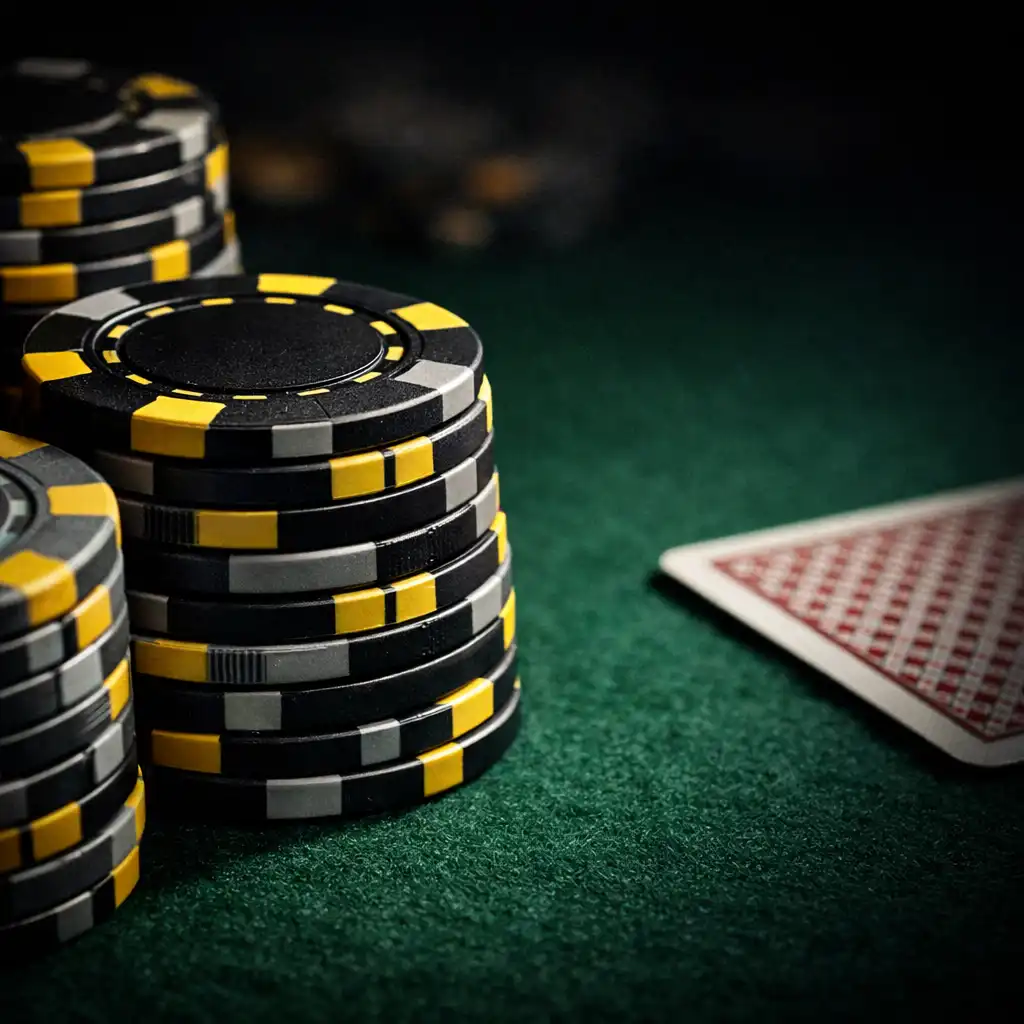 Gros plan sur des jetons de poker en céramique noirs, gris et jaunes empilés sur une table en feutre sombre.