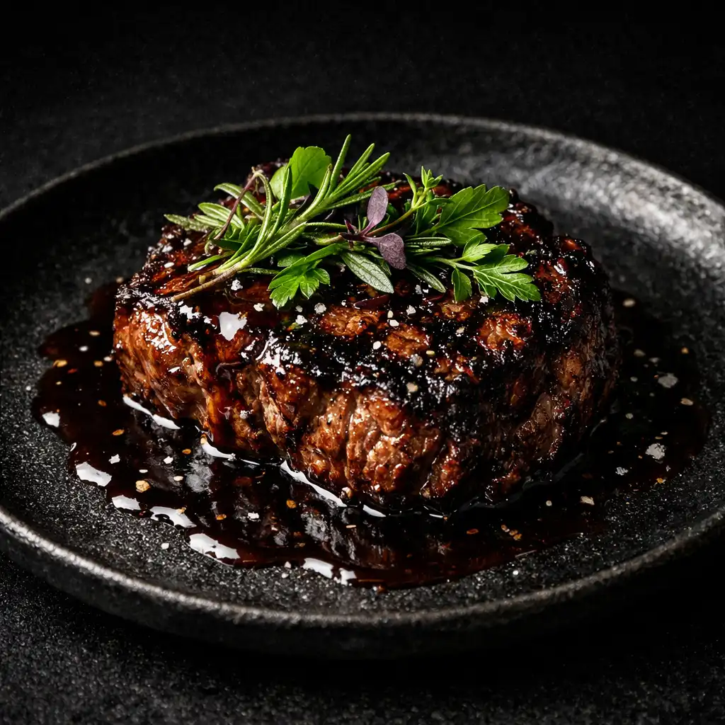 Plat signature de viande grillée avec sauce sombre et herbes fraîches sur assiette noire texturée