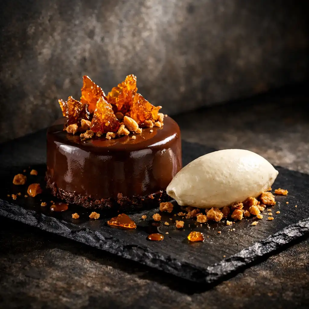 Dessert au chocolat avec éclats de caramel et quenelle de crème sur ardoise noire