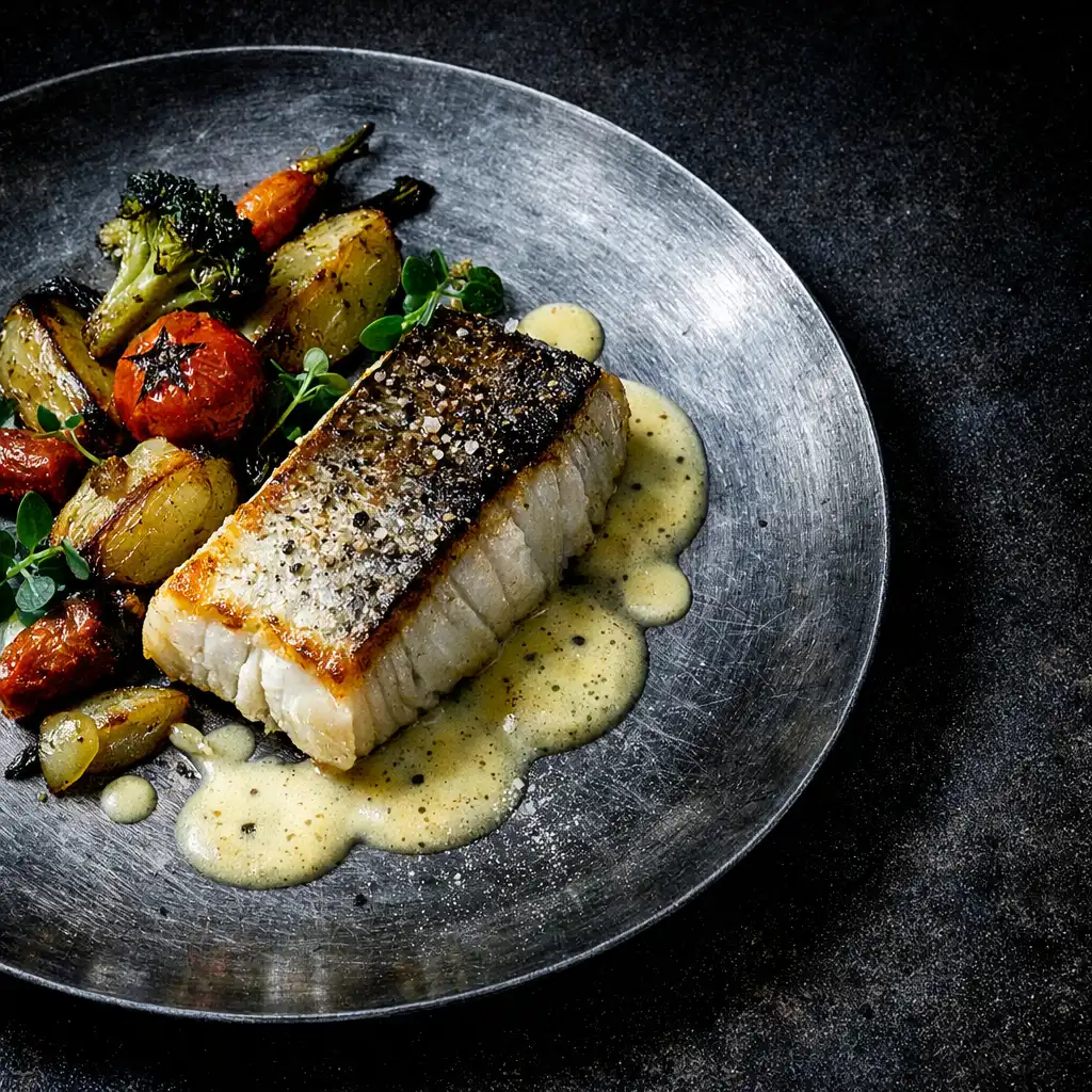 Plat de poisson avec légumes rôtis et sauce émulsionnée sur assiette en métal brossé