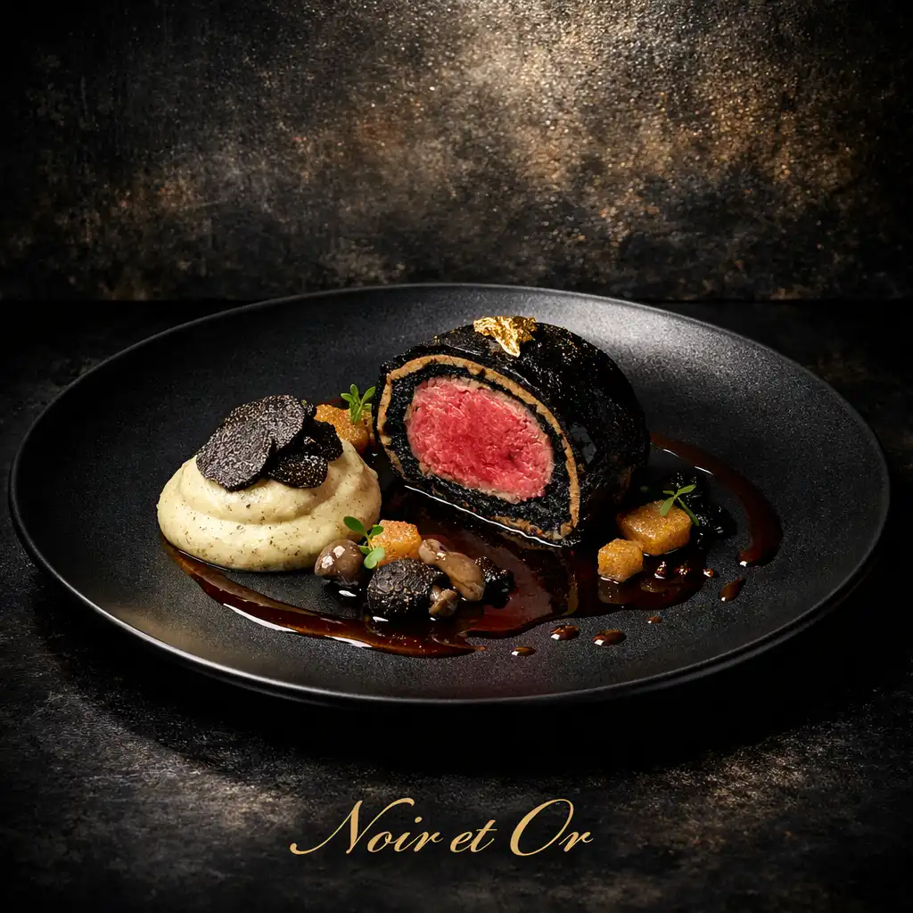 Plat signature de Maison Romarin : viande grillée nappée d'une sauce sombre, légumes rôtis et fleur jaune comestible sur assiette en céramique brute.