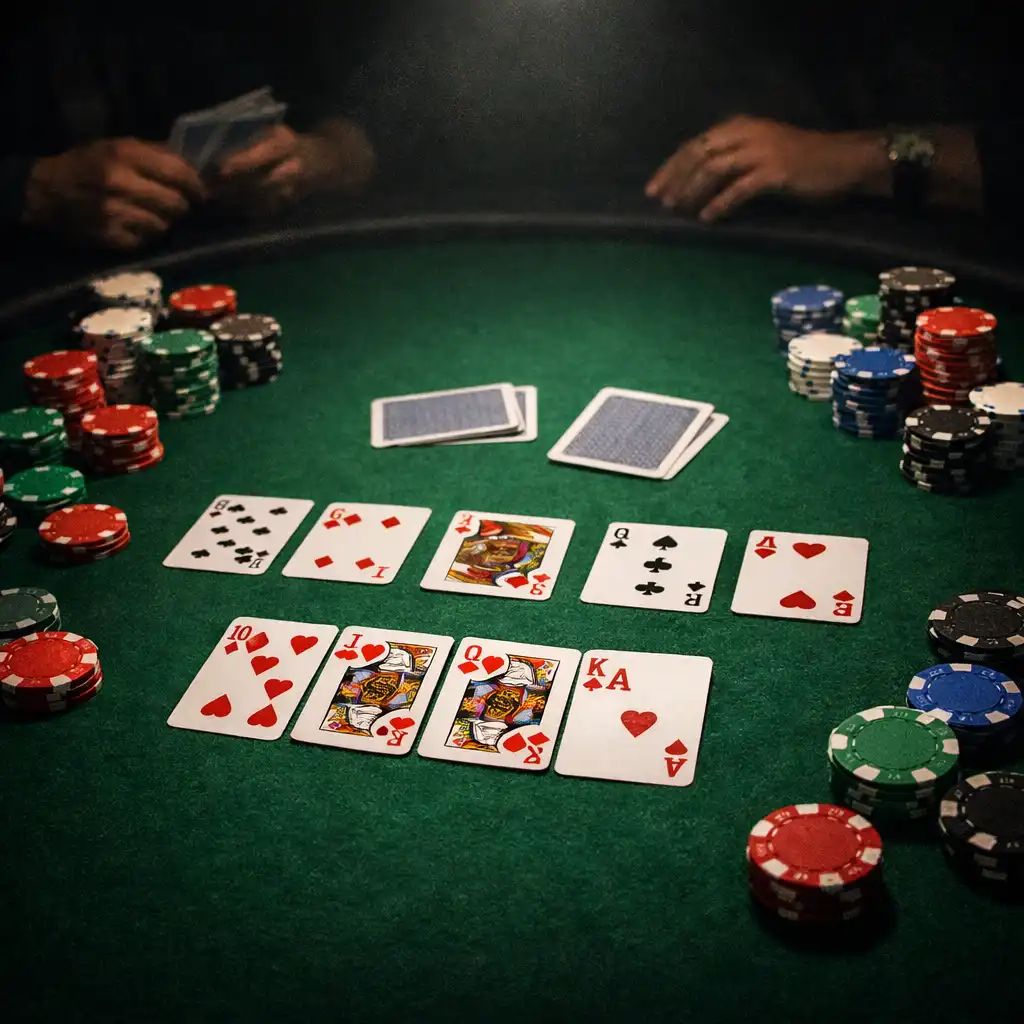 Table de poker en feutre vert avec cartes à jouer, jetons empilés et mains de joueurs en arrière-plan flou