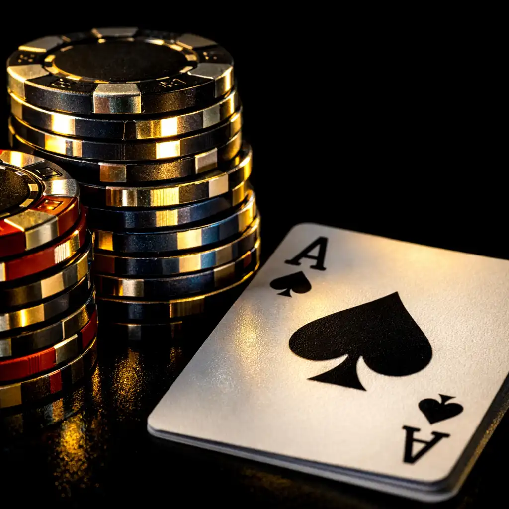 Gros plan sur des jetons de poker empilés avec reflets métalliques et un as de pique posé à côté
