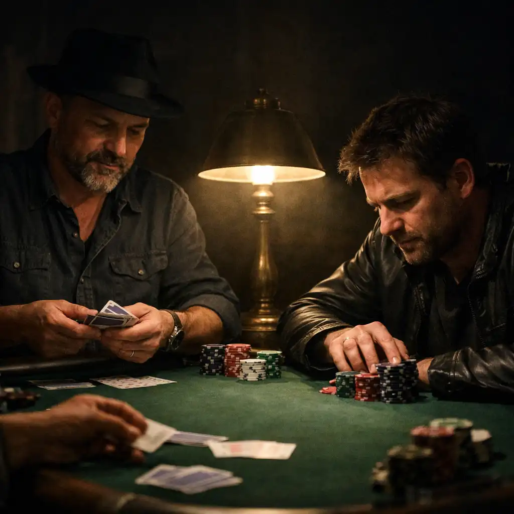 Deux joueurs assis à une table de poker, l'un distribuant des cartes, l'autre observant ses jetons