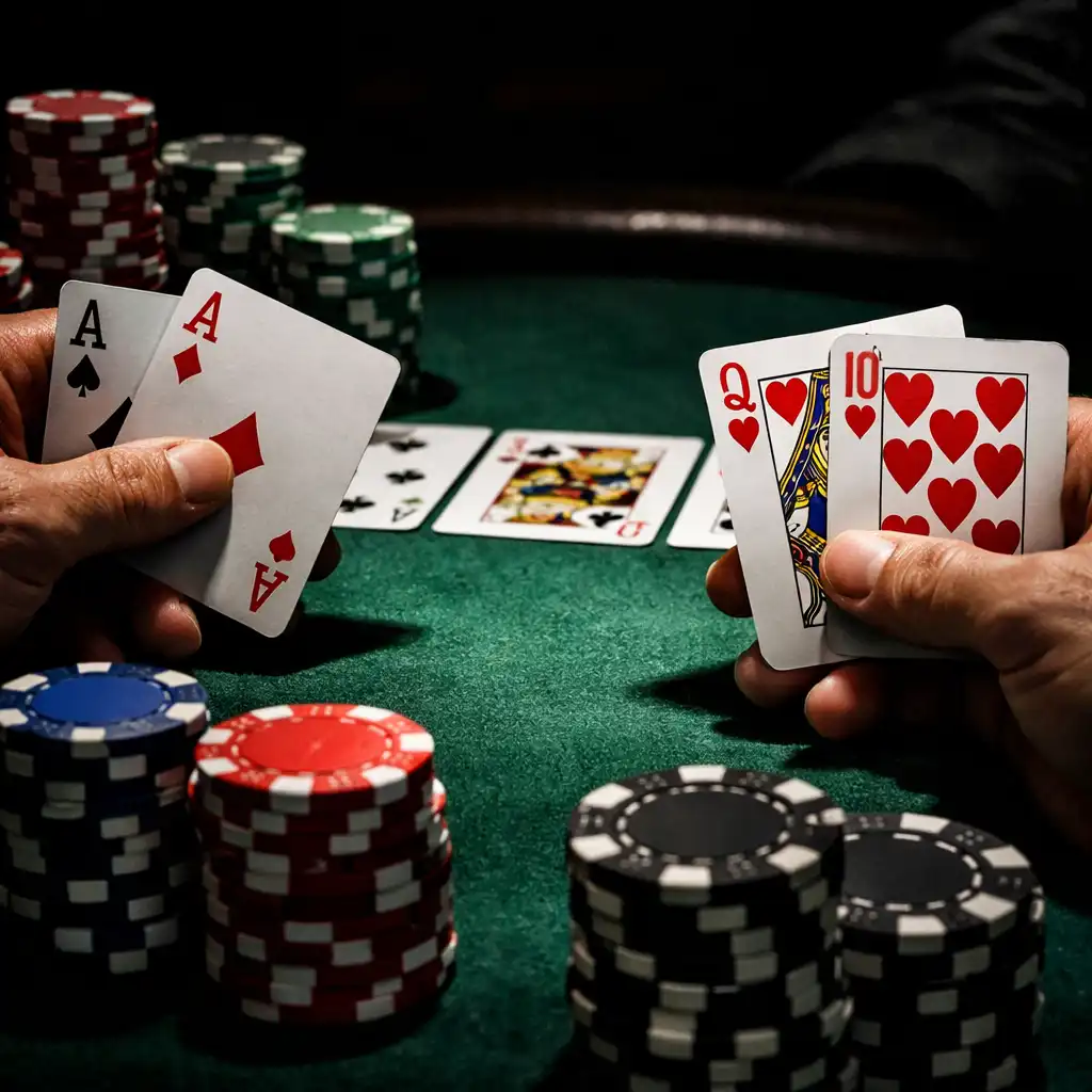 Vue rapprochée d'une table de poker avec mains de joueurs et jetons