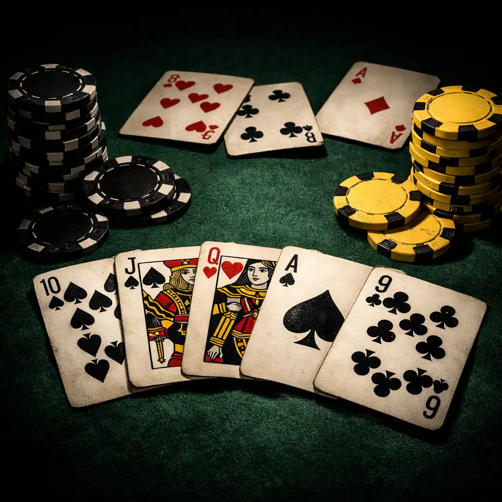 Gros plan sur une table de poker avec cartes et jetons noirs et jaunes