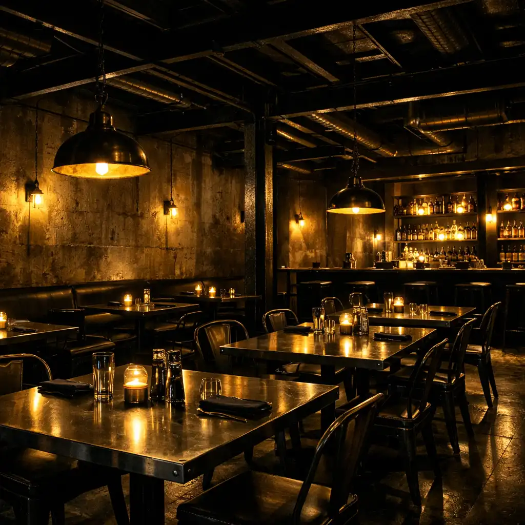 Salle principale du restaurant baignée de lumière tamisée