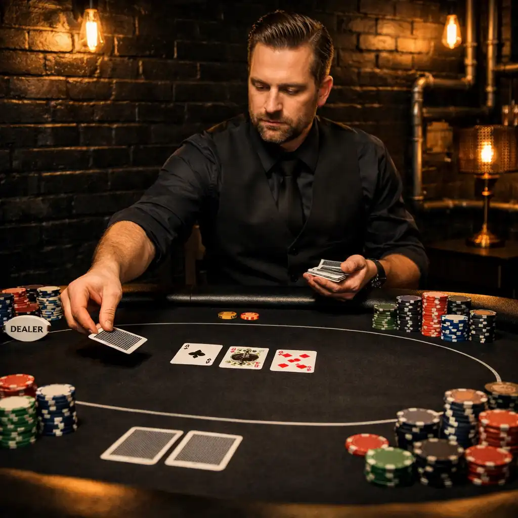 Table de poker professionnelle dans une salle industrielle avec éclairage jaune tamisé