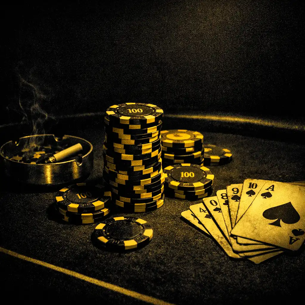 Table de poker en feutre noir avec jetons jaunes et noirs, éclairage industriel tamisé