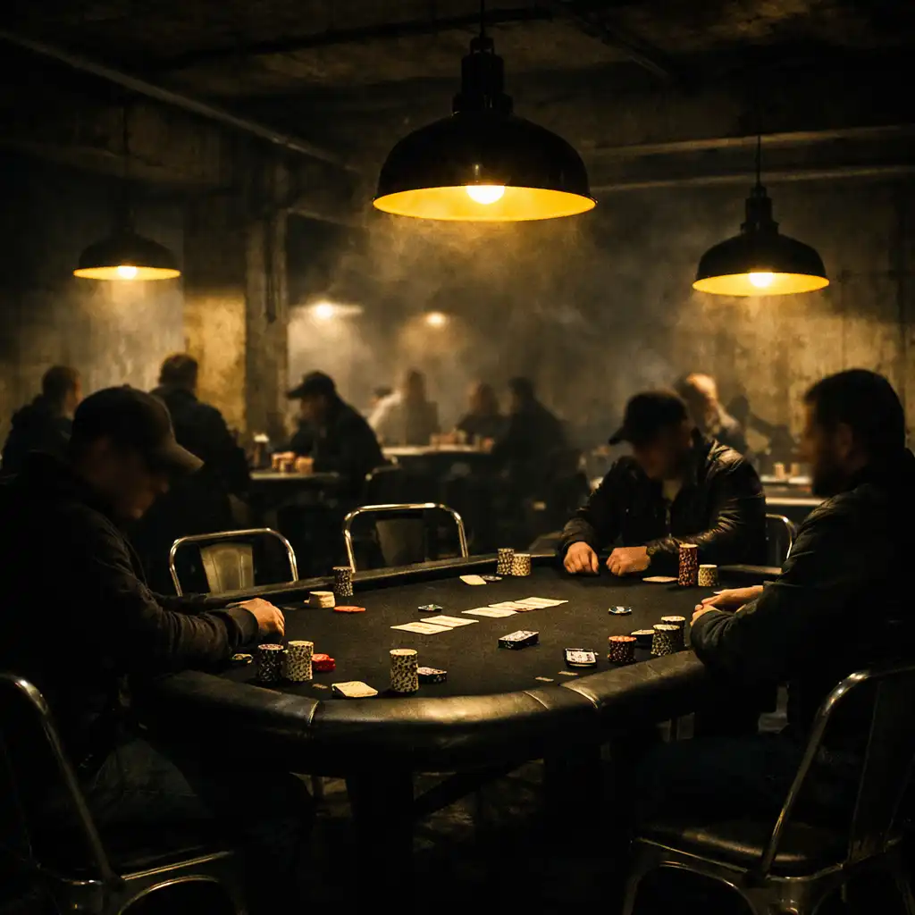 Salle de poker souterraine avec tables en feutre noir et lampes industrielles jaunes